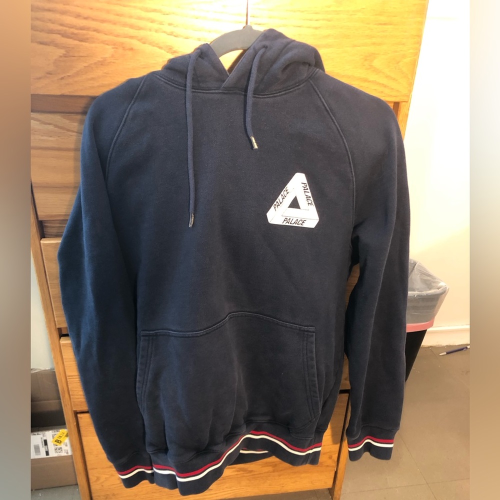 palace navy blue hoodie with red and white stripes